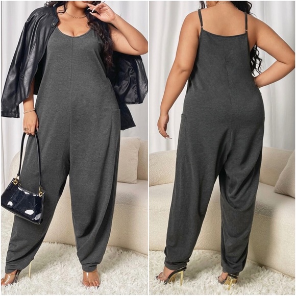 Plus Boho Black Loose Fit pockets Cami Jumpsuit - Picture 4 of 7
